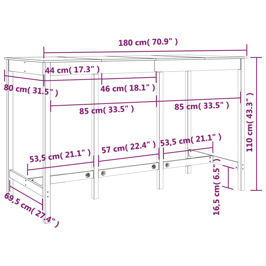 vidaXL Τραπέζι Μπαρ Λευκό 180 x 80 x 110 εκ. από Μασίφ Ξύλο Πεύκου