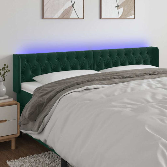 vidaXL Κεφαλάρι Κρεβατιού LED Σκούρο Πράσινο 203x16x78/88εκ. Βελούδινο