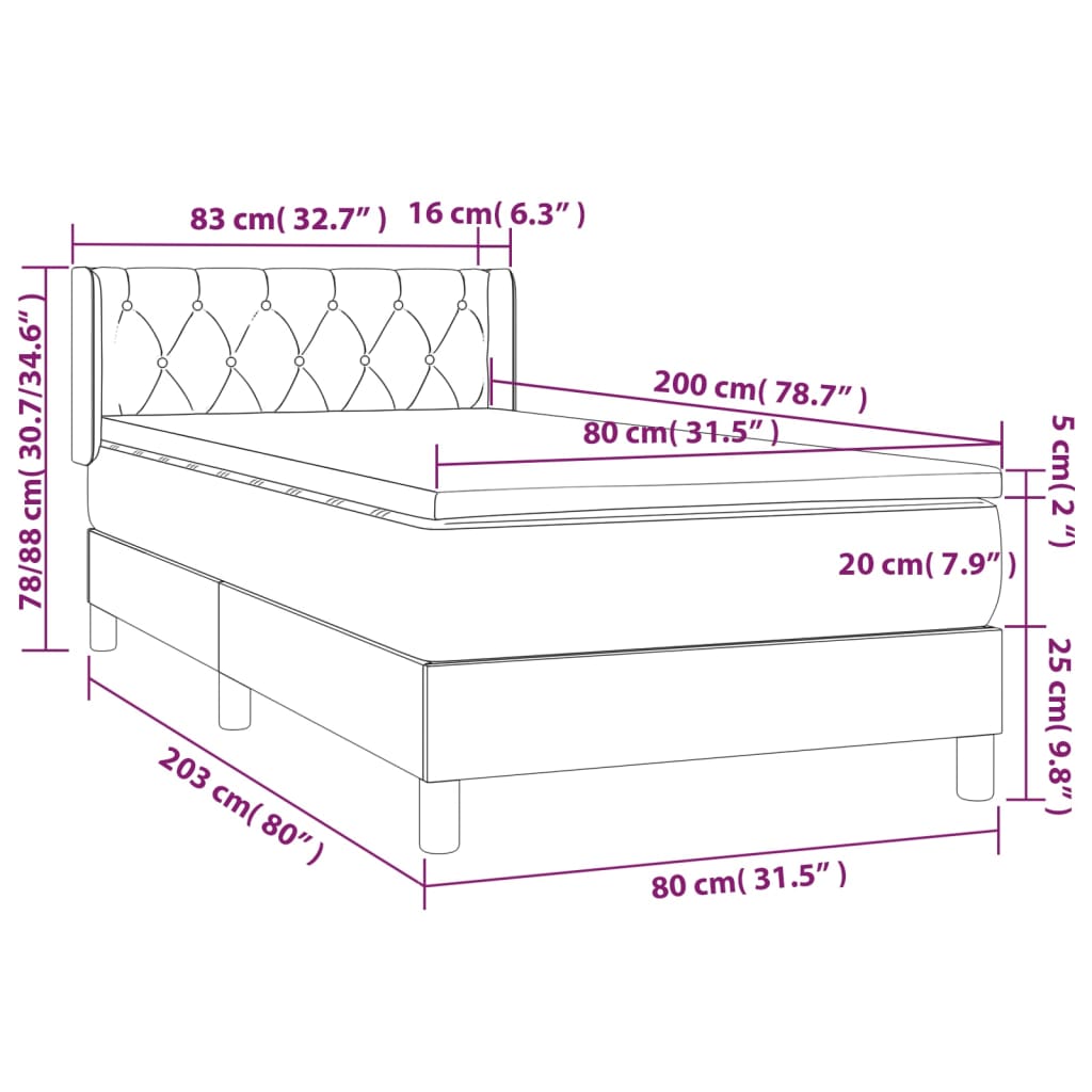 vidaXL Κρεβάτι Boxspring με Στρώμα Μαύρο 80 x 200 εκ. Υφασμάτινο