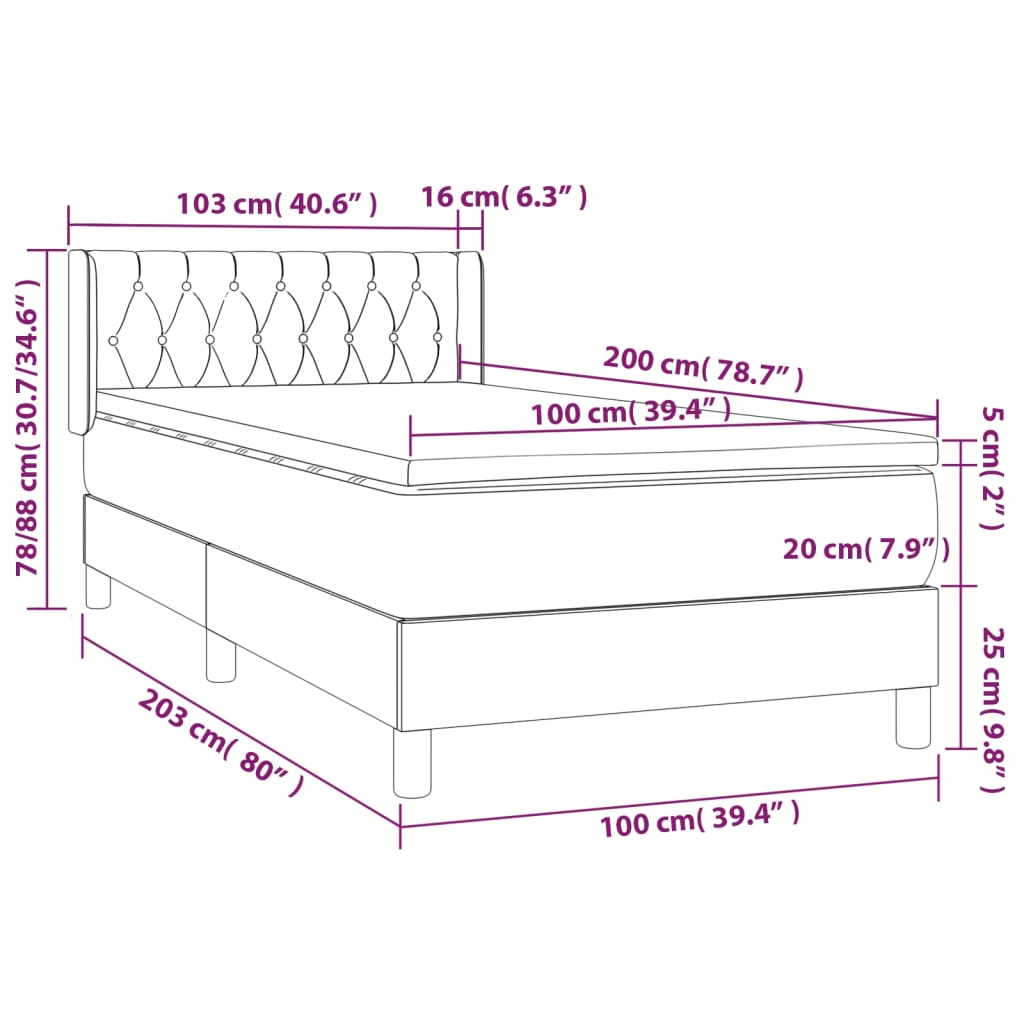 vidaXL Κρεβάτι Boxspring με Στρώμα Σκούρο Γκρι 100x200 εκ. Υφασμάτινο