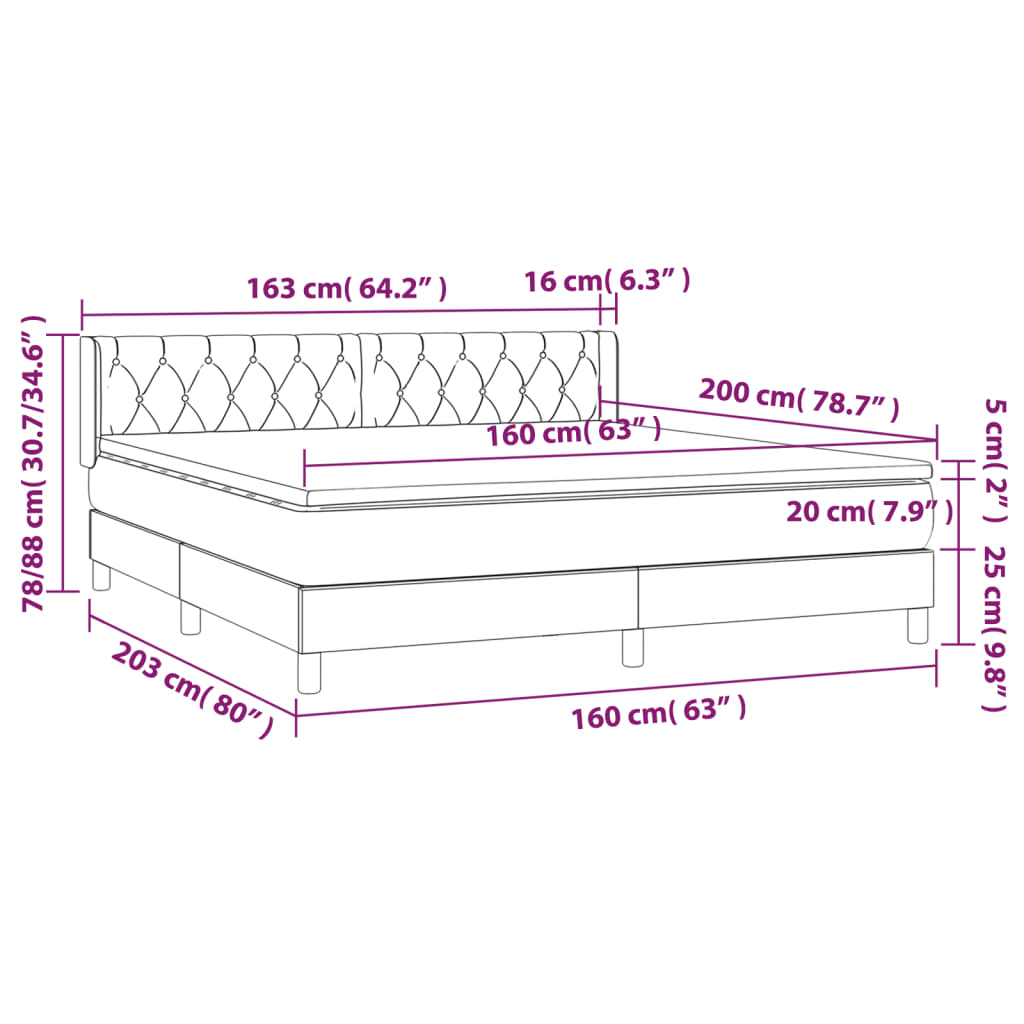 vidaXL Κρεβάτι Boxspring με Στρώμα Σκούρο Γκρι 160x200 εκ Υφασμάτινο