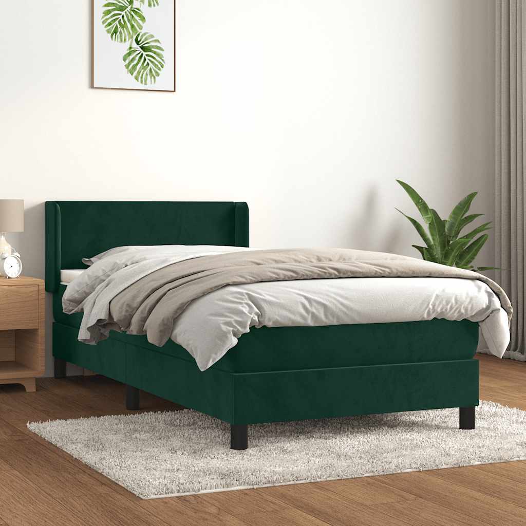 vidaXL Κρεβάτι Boxspring με Στρώμα Σκούρο Πράσινο 90x200 εκ. Βελούδινο