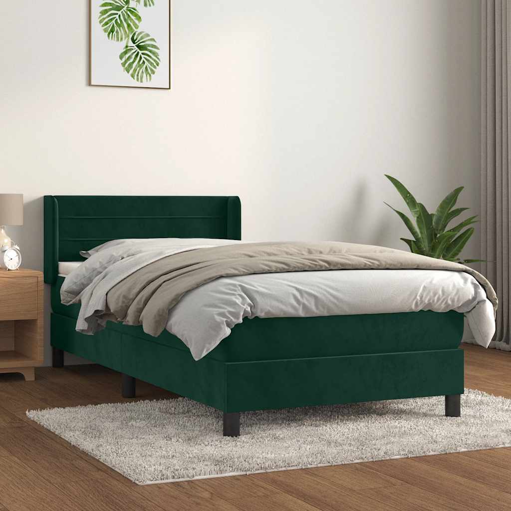 vidaXL Κρεβάτι Boxspring με Στρώμα Σκούρο Πράσινο 90x200 εκ. Βελούδινο