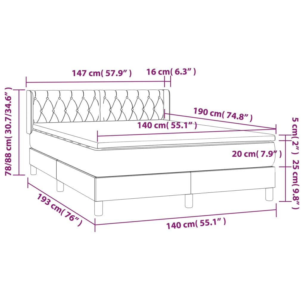 vidaXL Κρεβάτι Boxspring με Στρώμα Ανοιχτό Γκρι 140x190 εκ. Βελούδινο