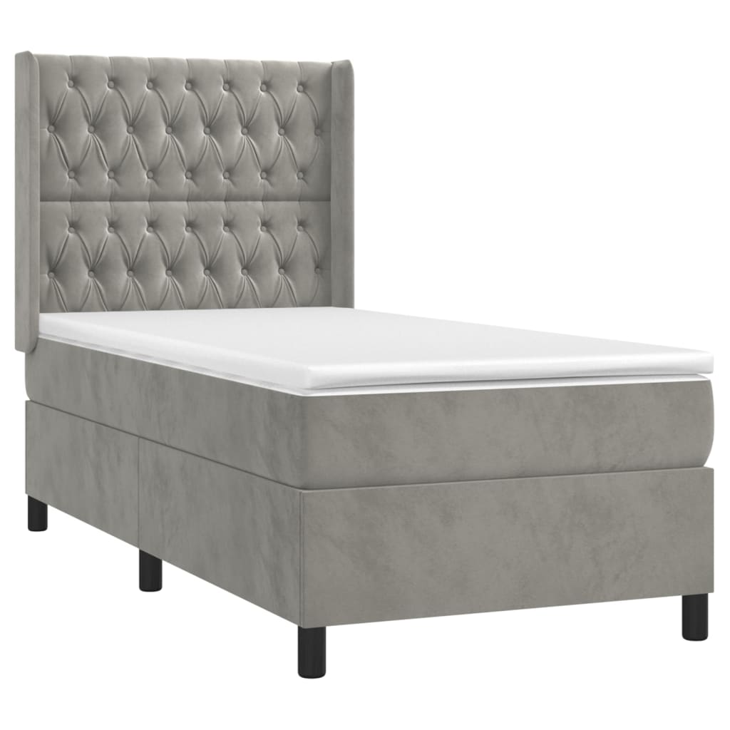 vidaXL Κρεβάτι Boxspring με Στρώμα Ανοιχτό Γκρι 90x190 εκ. Βελούδινο