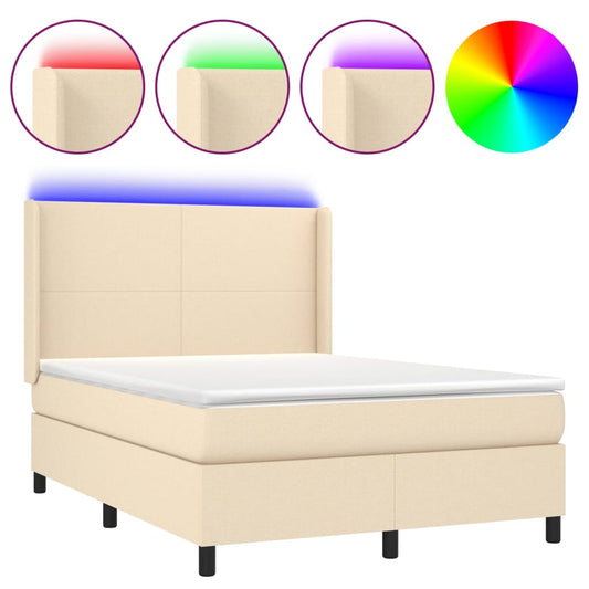 vidaXL Κρεβάτι Boxspring με Στρώμα & LED Κρεμ 140x200 εκ. Υφασμάτινο