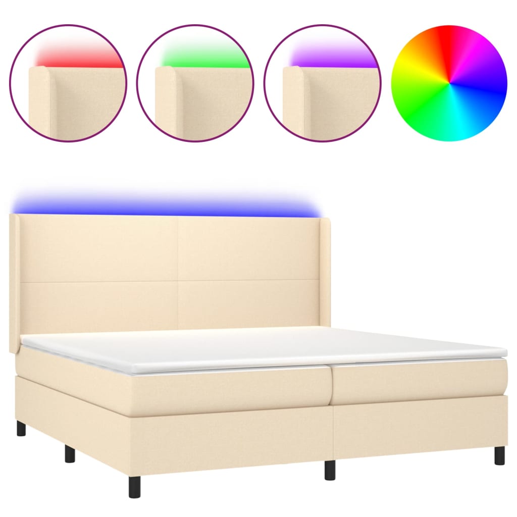 vidaXL Κρεβάτι Boxspring με Στρώμα & LED Κρεμ 200x200 εκ. Υφασμάτινο
