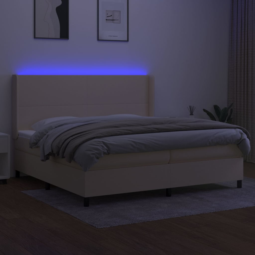 vidaXL Κρεβάτι Boxspring με Στρώμα & LED Κρεμ 200x200 εκ. Υφασμάτινο