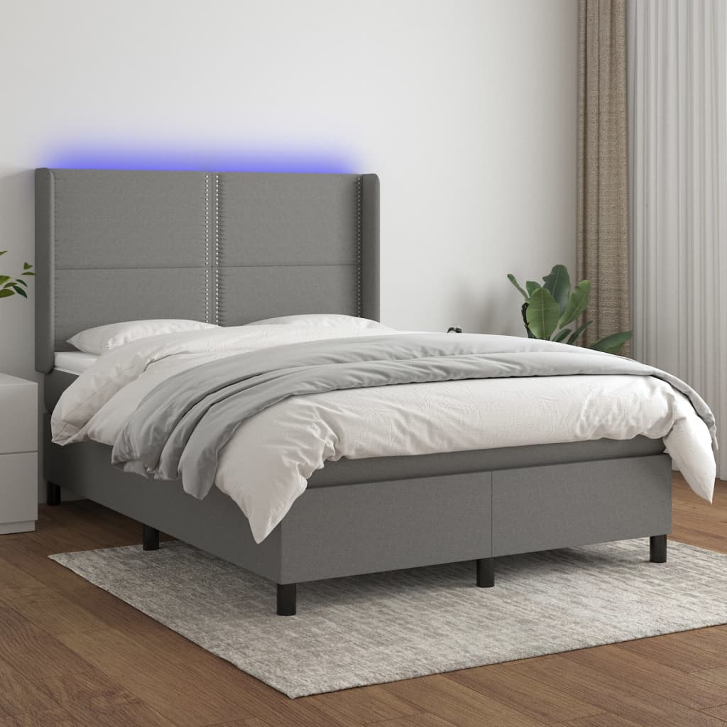 vidaXL Κρεβάτι Boxspring με Στρώμα & LED Σκ.Γκρι 140x190εκ. Υφασμάτινο