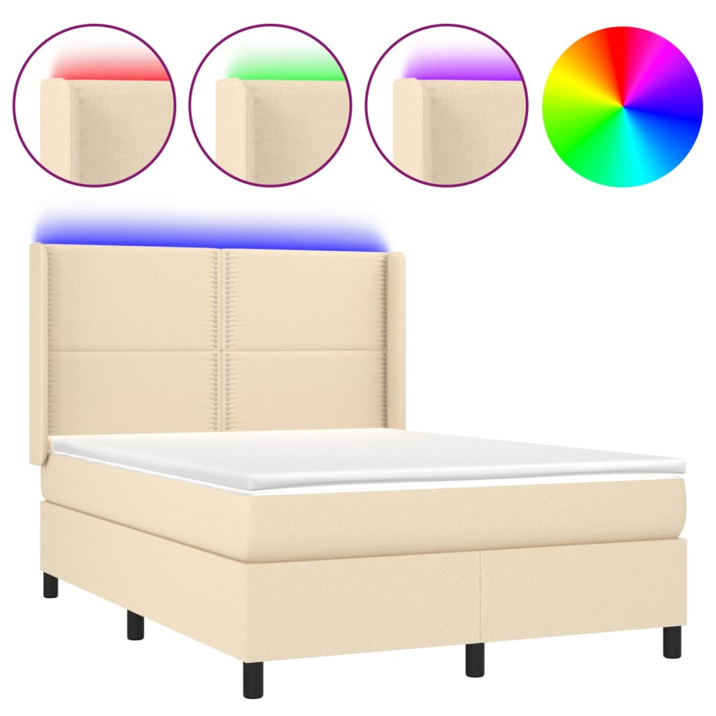 vidaXL Κρεβάτι Boxspring με Στρώμα & LED Κρεμ 140x190 εκ. Υφασμάτινο