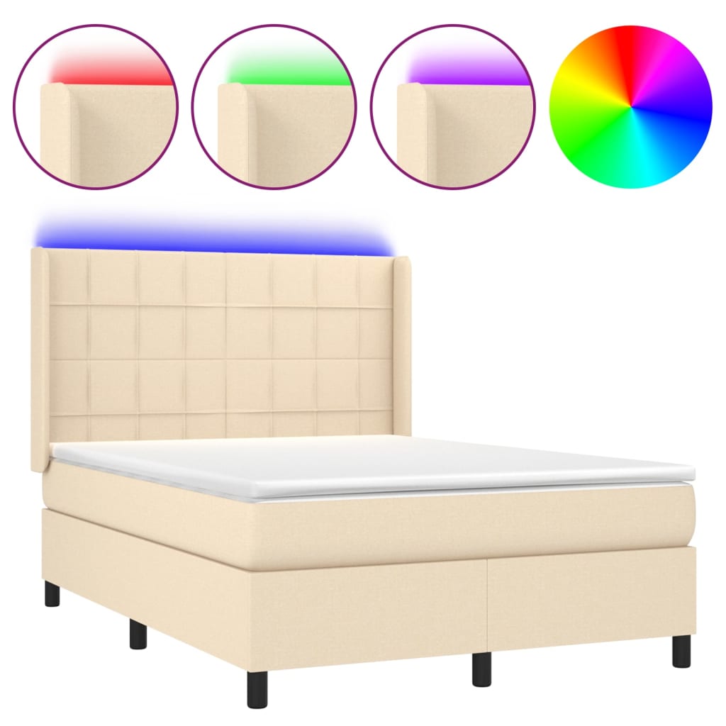vidaXL Κρεβάτι Boxspring με Στρώμα & LED Κρεμ 140x200 εκ. Υφασμάτινο