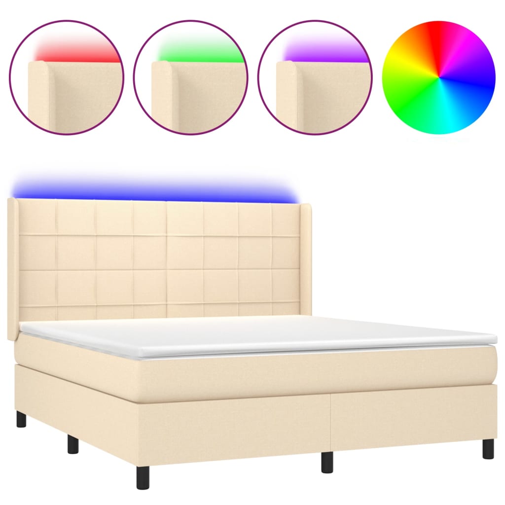vidaXL Κρεβάτι Boxspring με Στρώμα & LED Κρεμ 180x200 εκ. Υφασμάτινο