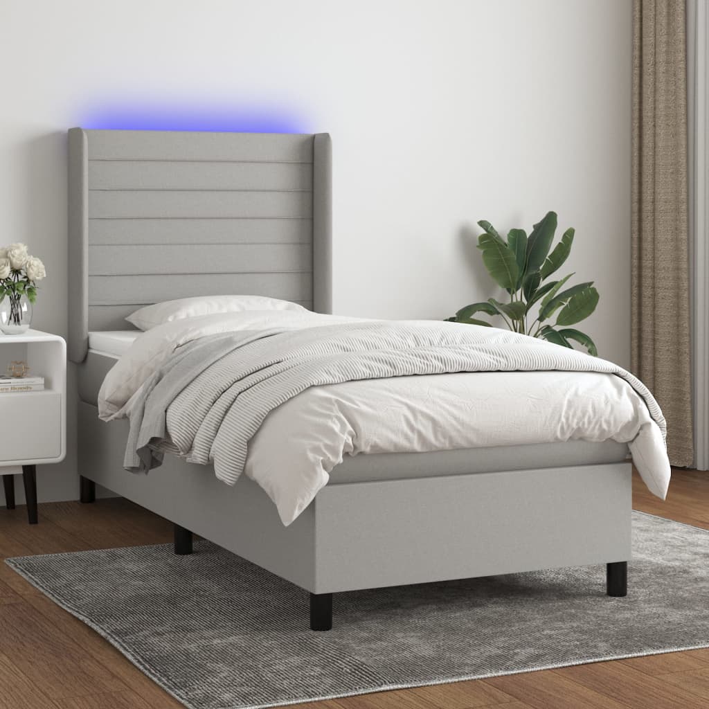 vidaXL Κρεβάτι Boxspring με Στρώμα & LED Αν.Γκρι 90x200 εκ. Υφασμάτινο