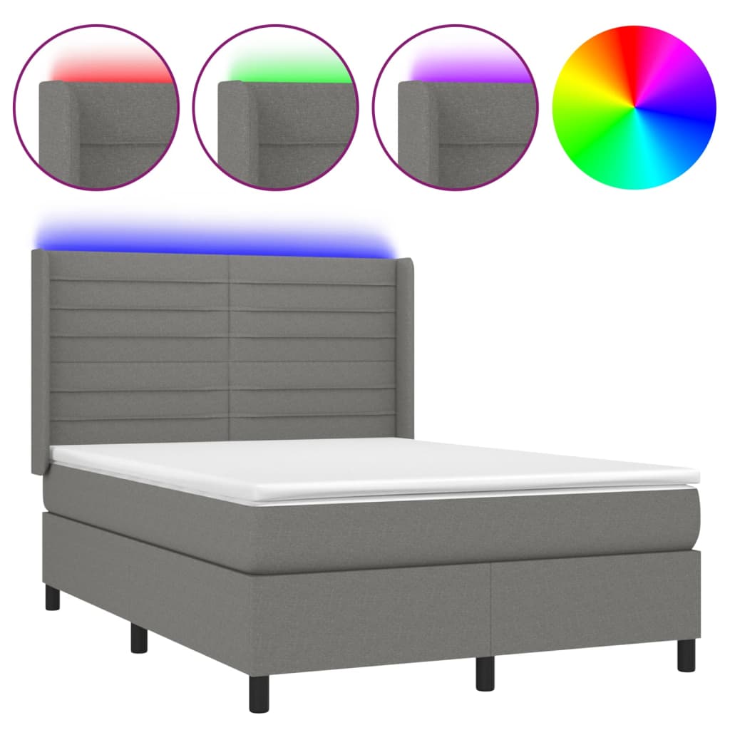 vidaXL Κρεβάτι Boxspring με Στρώμα & LED Σκ.Γκρι 140x190εκ. Υφασμάτινο