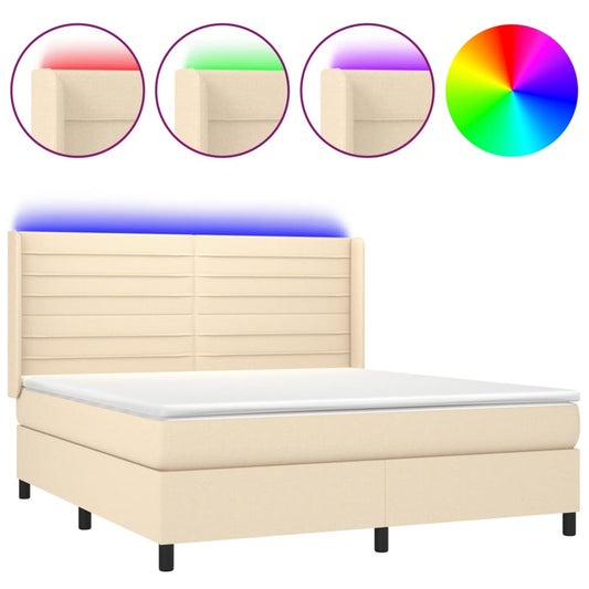 vidaXL Κρεβάτι Boxspring με Στρώμα & LED Κρεμ 180x200 εκ. Υφασμάτινο