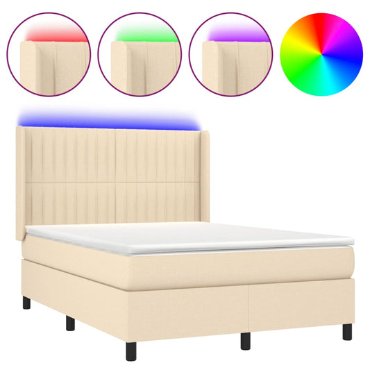 vidaXL Κρεβάτι Boxspring με Στρώμα & LED Κρεμ 140x200 εκ. Υφασμάτινο