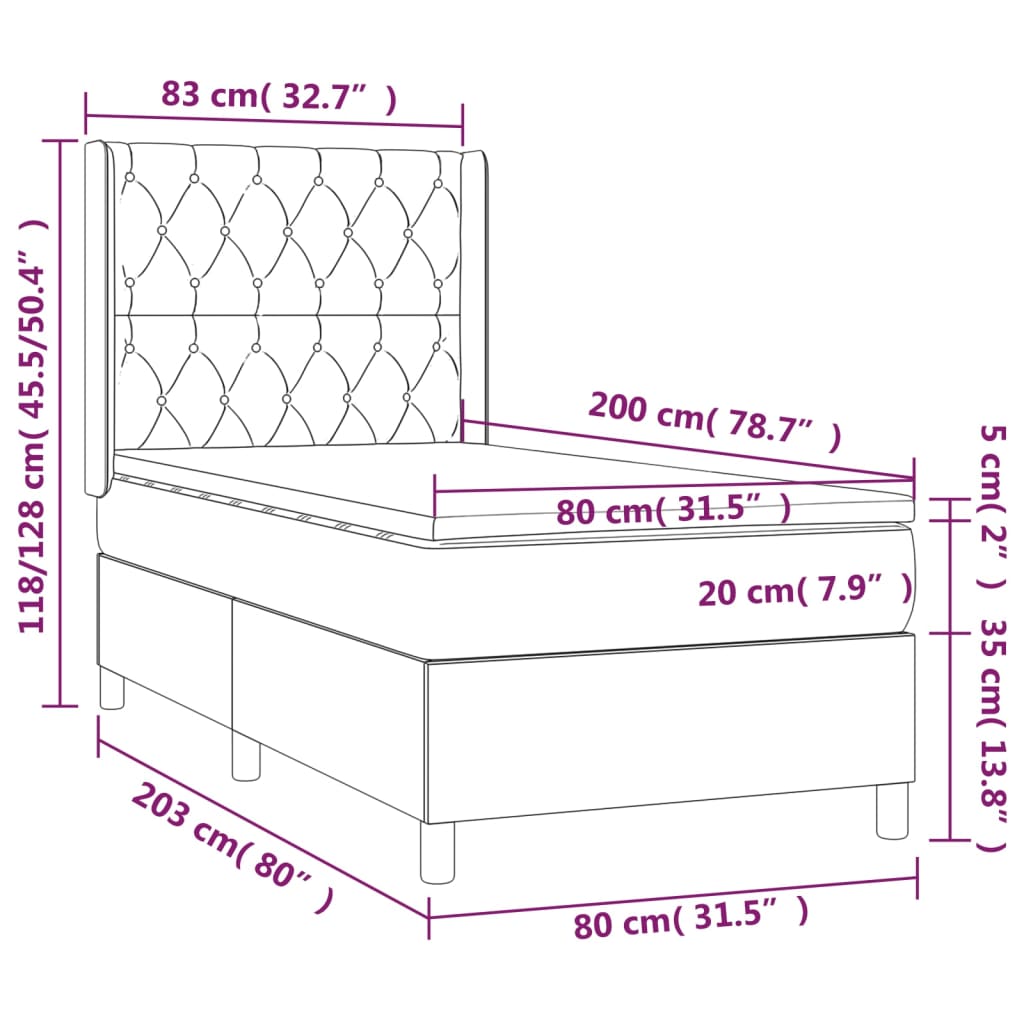 vidaXL Κρεβάτι Boxspring με Στρώμα & LED Αν.Γκρι 80x200 εκ. Υφασμάτινο