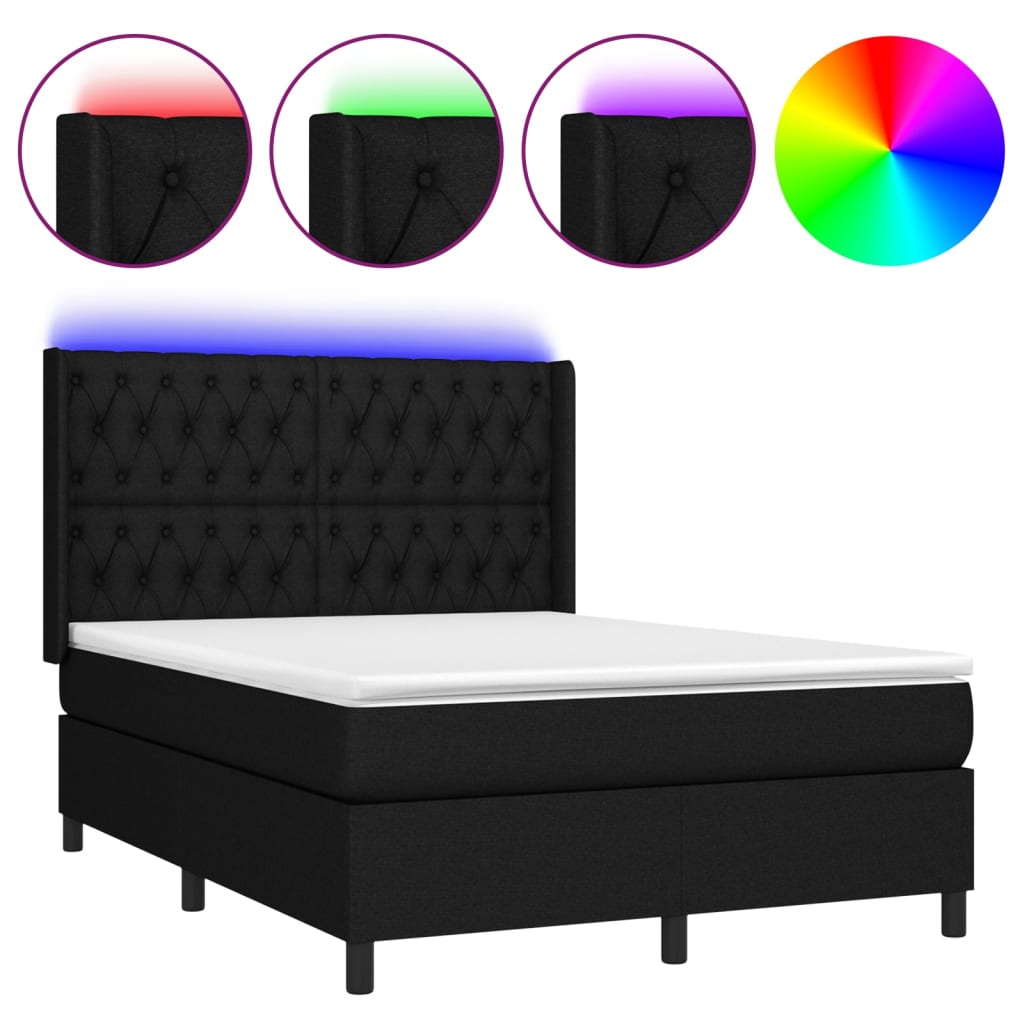 vidaXL Κρεβάτι Boxspring με Στρώμα & LED Μαύρο 140x190 εκ. Υφασμάτινο