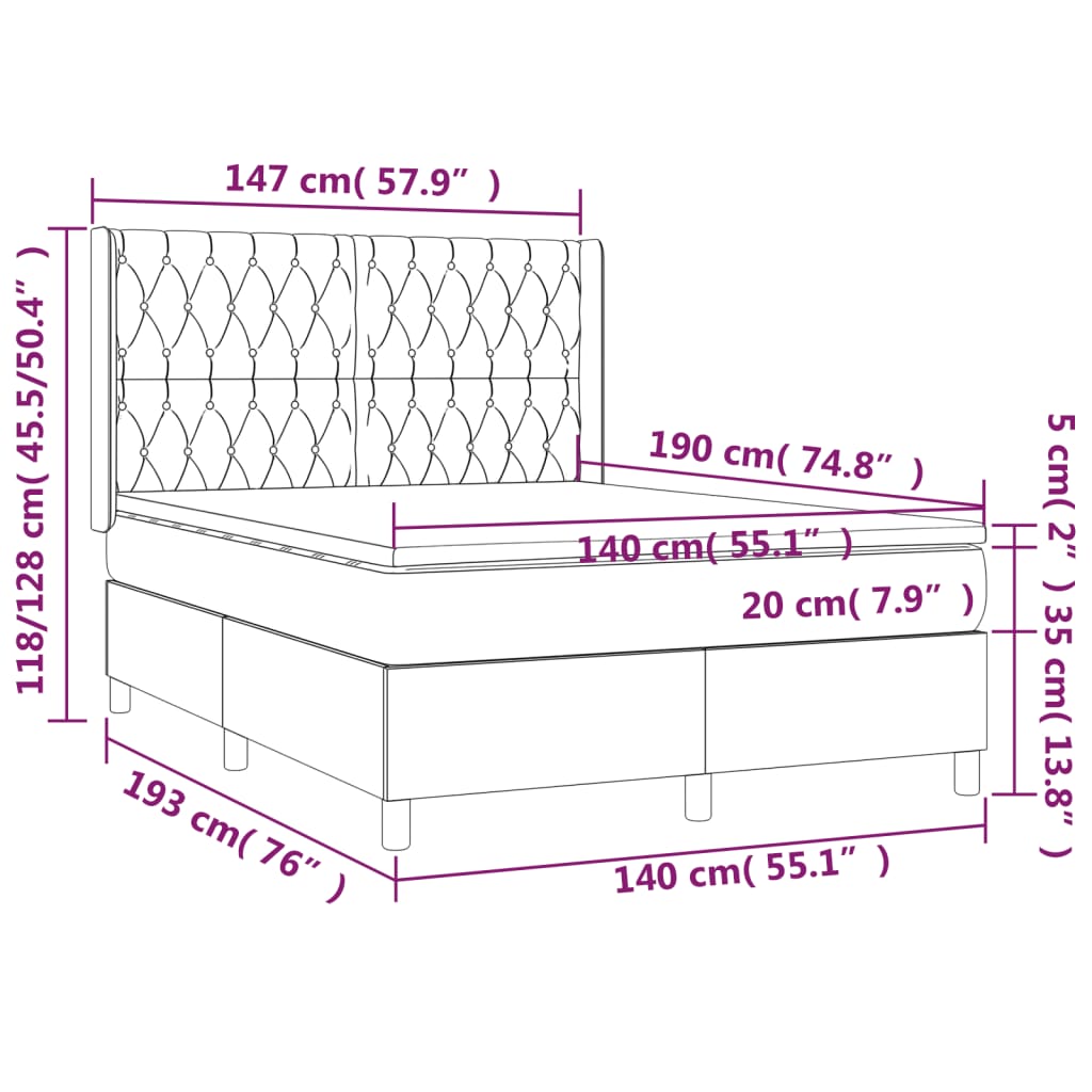 vidaXL Κρεβάτι Boxspring με Στρώμα & LED Taupe 140x190 εκ. Υφασμάτινο