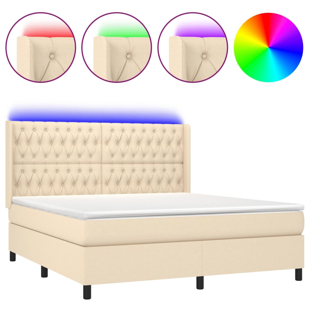 vidaXL Κρεβάτι Boxspring με Στρώμα & LED Κρεμ 160x200 εκ. Υφασμάτινο