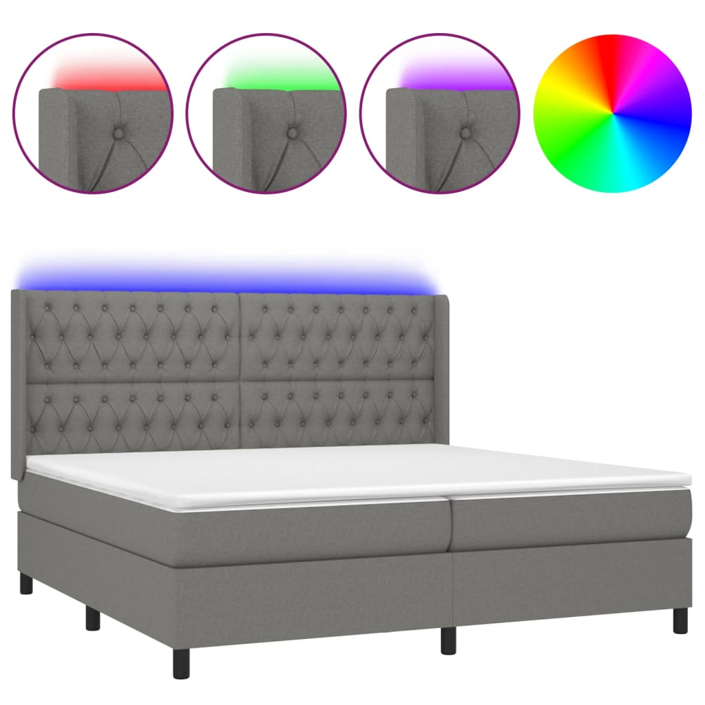 vidaXL Κρεβάτι Boxspring με Στρώμα & LED Σκ.Γκρι 200x200εκ. Υφασμάτινο
