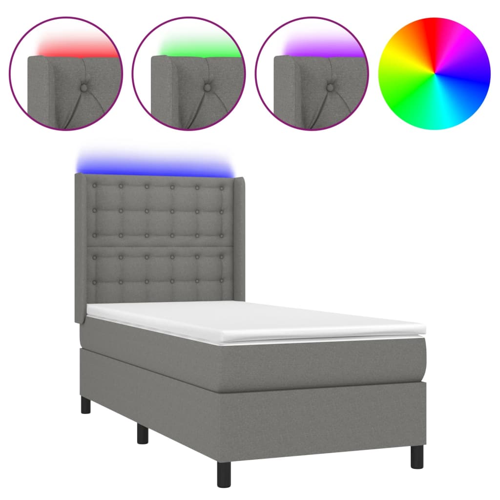 vidaXL Κρεβάτι Boxspring με Στρώμα & LED Σκ.Γκρι 80x200 εκ. Υφασμάτινο