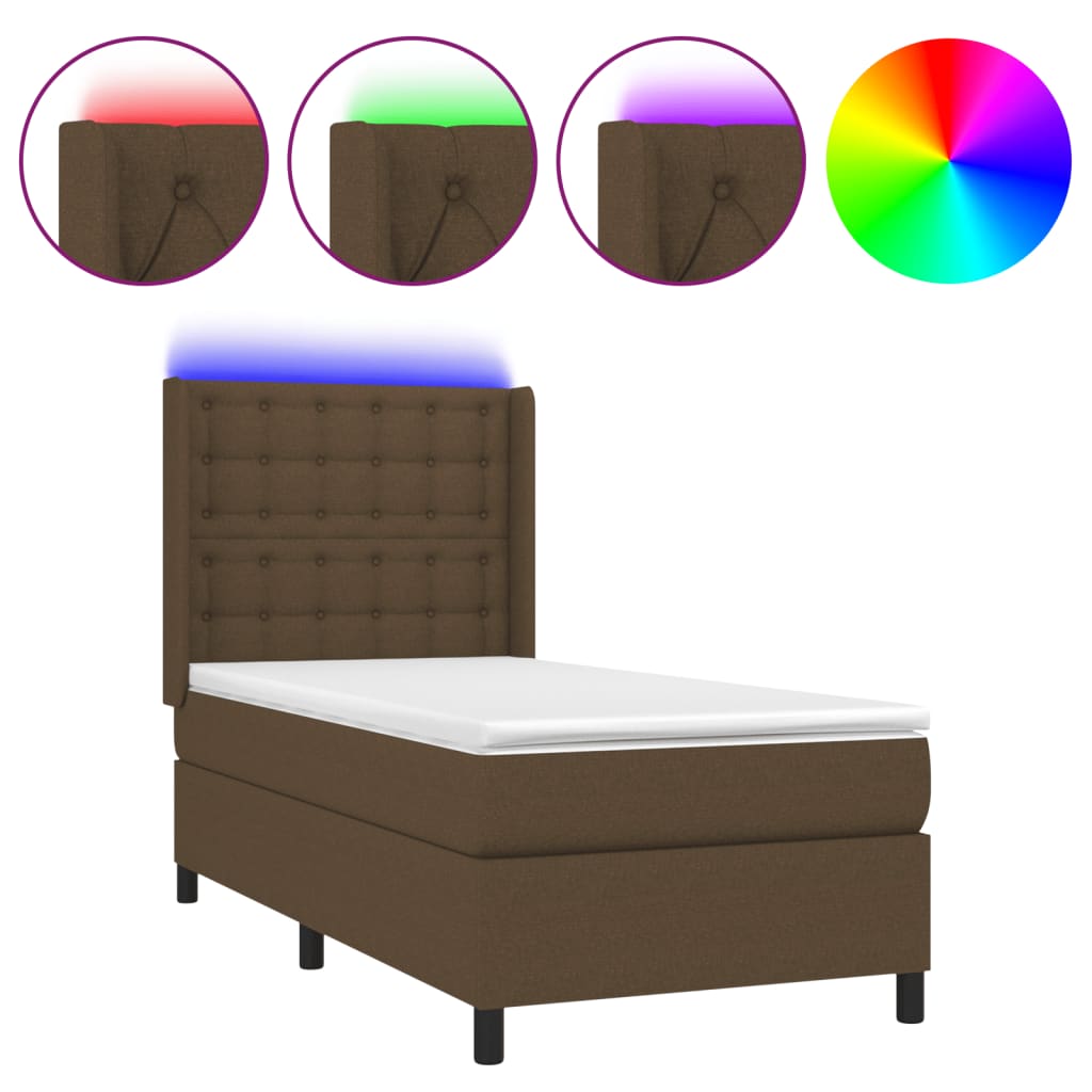 vidaXL Κρεβάτι Boxspring με Στρώμα & LED Σκ.Καφέ 90x200 εκ. Υφασμάτινο