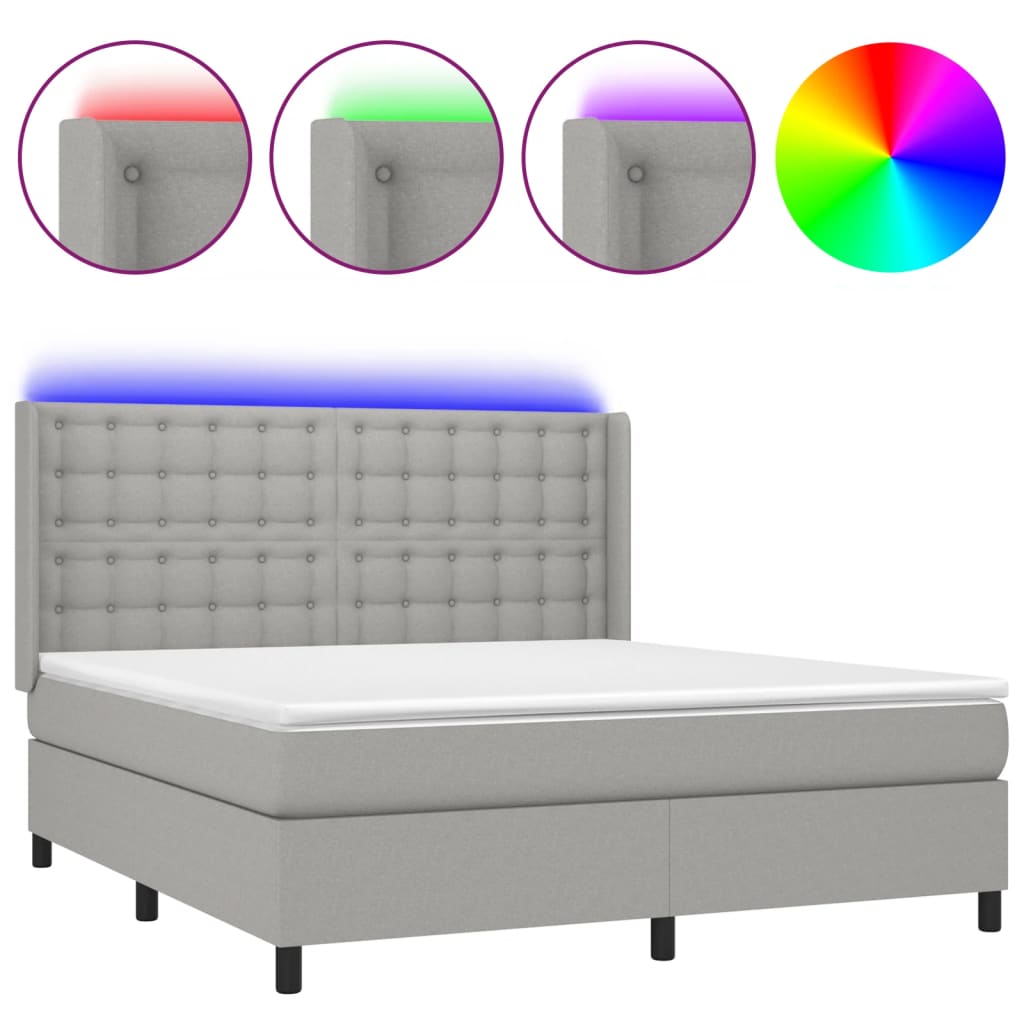 vidaXL Κρεβάτι Boxspring με Στρώμα & LED Αν.Γκρι 180x200εκ. Υφασμάτινο