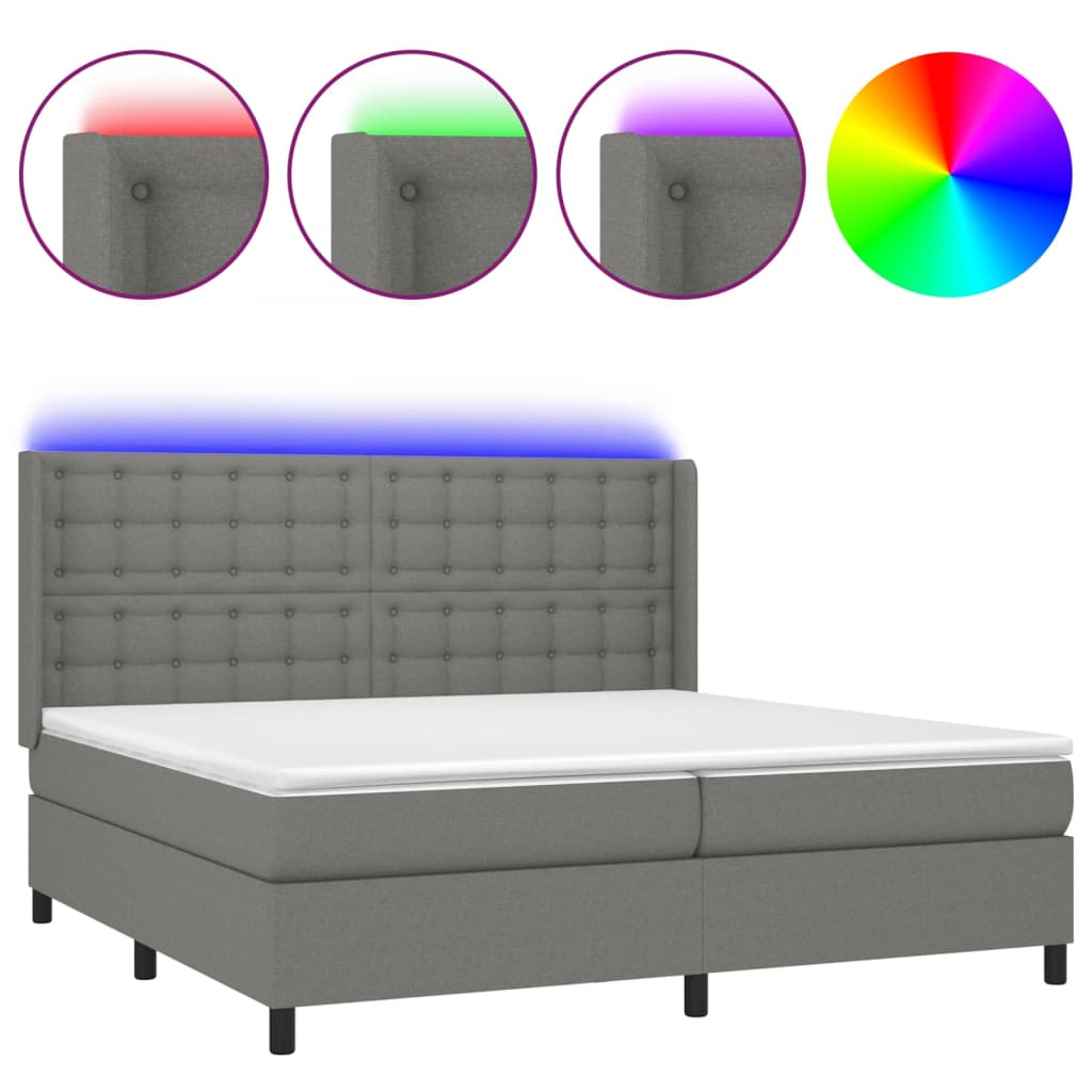 vidaXL Κρεβάτι Boxspring με Στρώμα & LED Σκ.Γκρι 200x200εκ. Υφασμάτινο