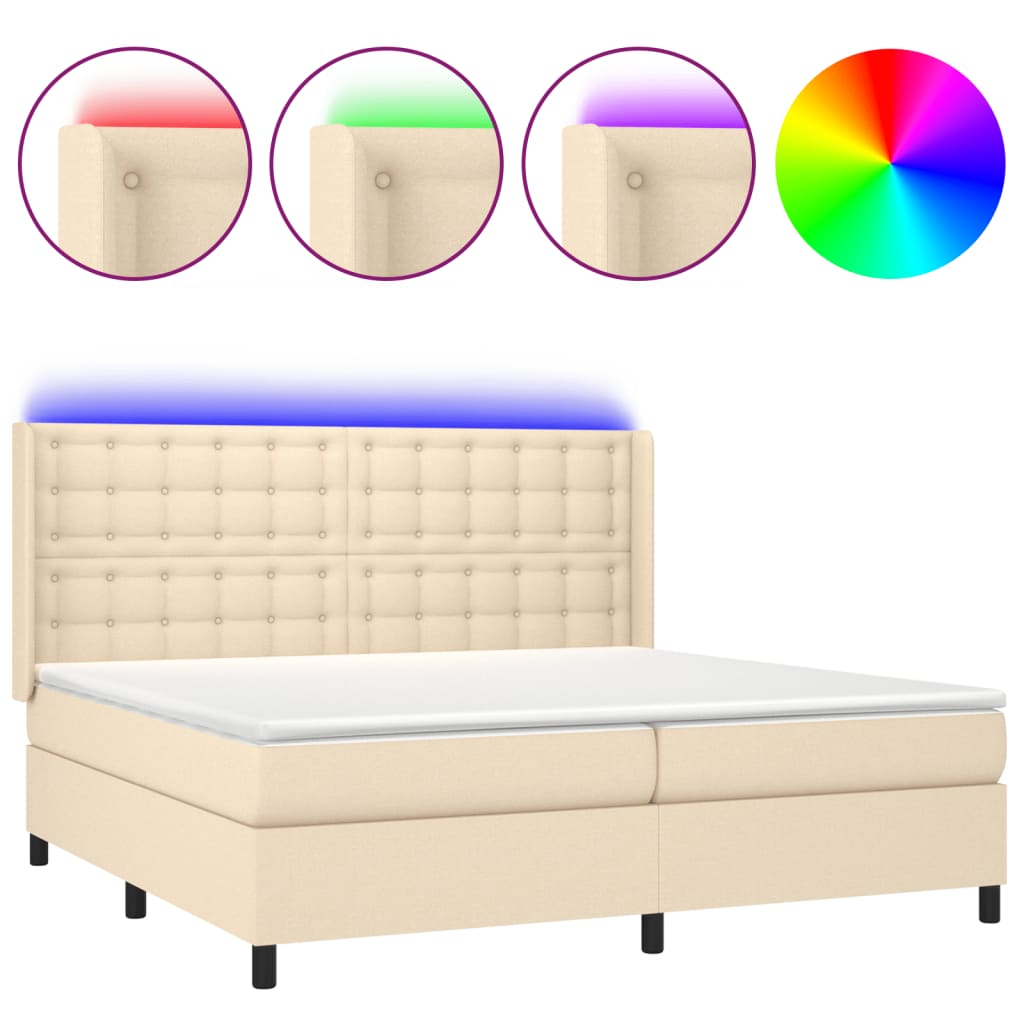 vidaXL Κρεβάτι Boxspring με Στρώμα & LED Κρεμ 200x200 εκ. Υφασμάτινο