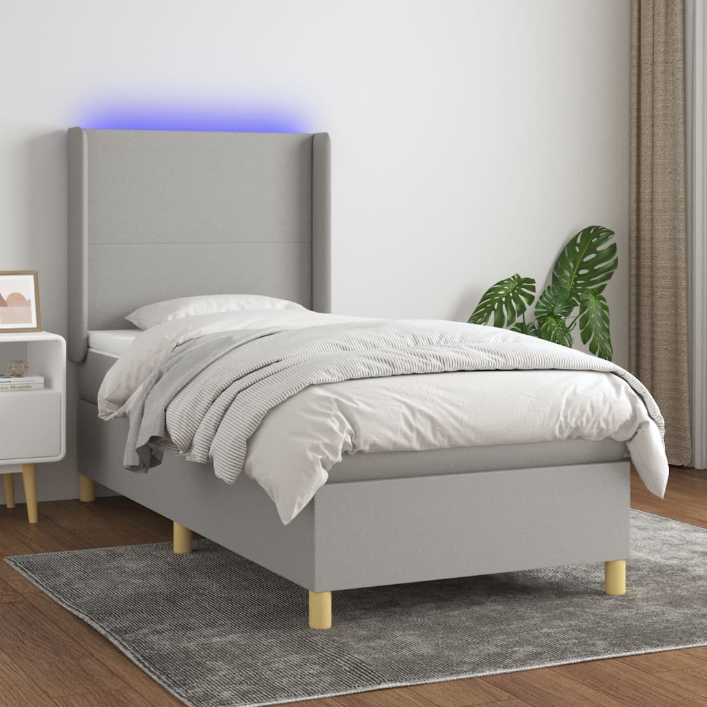 vidaXL Κρεβάτι Boxspring με Στρώμα & LED Αν.Γκρι 90x200 εκ. Υφασμάτινο