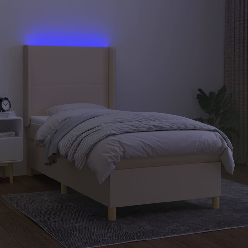 vidaXL Κρεβάτι Boxspring με Στρώμα & LED Κρεμ 90x200 εκ. Υφασμάτινο