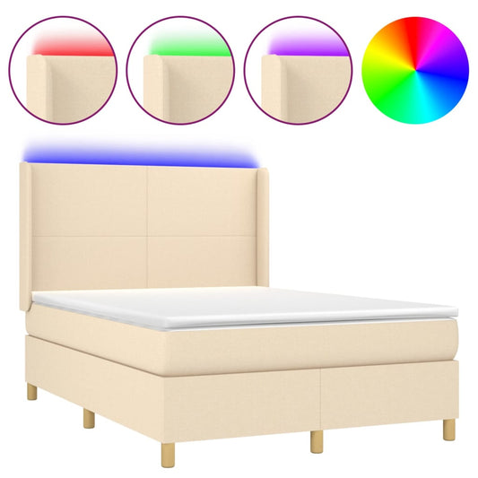 vidaXL Κρεβάτι Boxspring με Στρώμα & LED Κρεμ 140x190 εκ. Υφασμάτινο