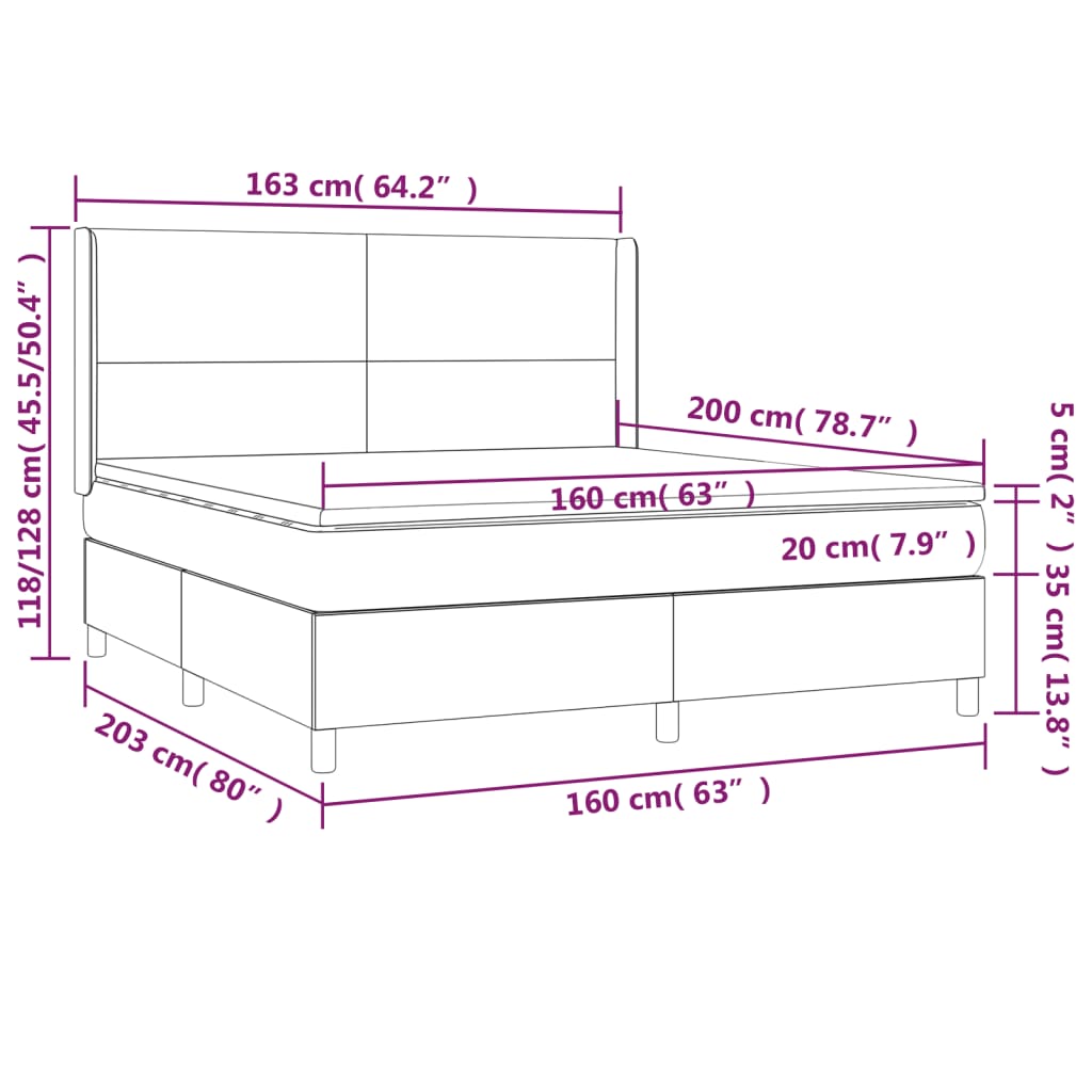 vidaXL Κρεβάτι Boxspring με Στρώμα & LED Αν.Γκρι 160x200εκ. Υφασμάτινο