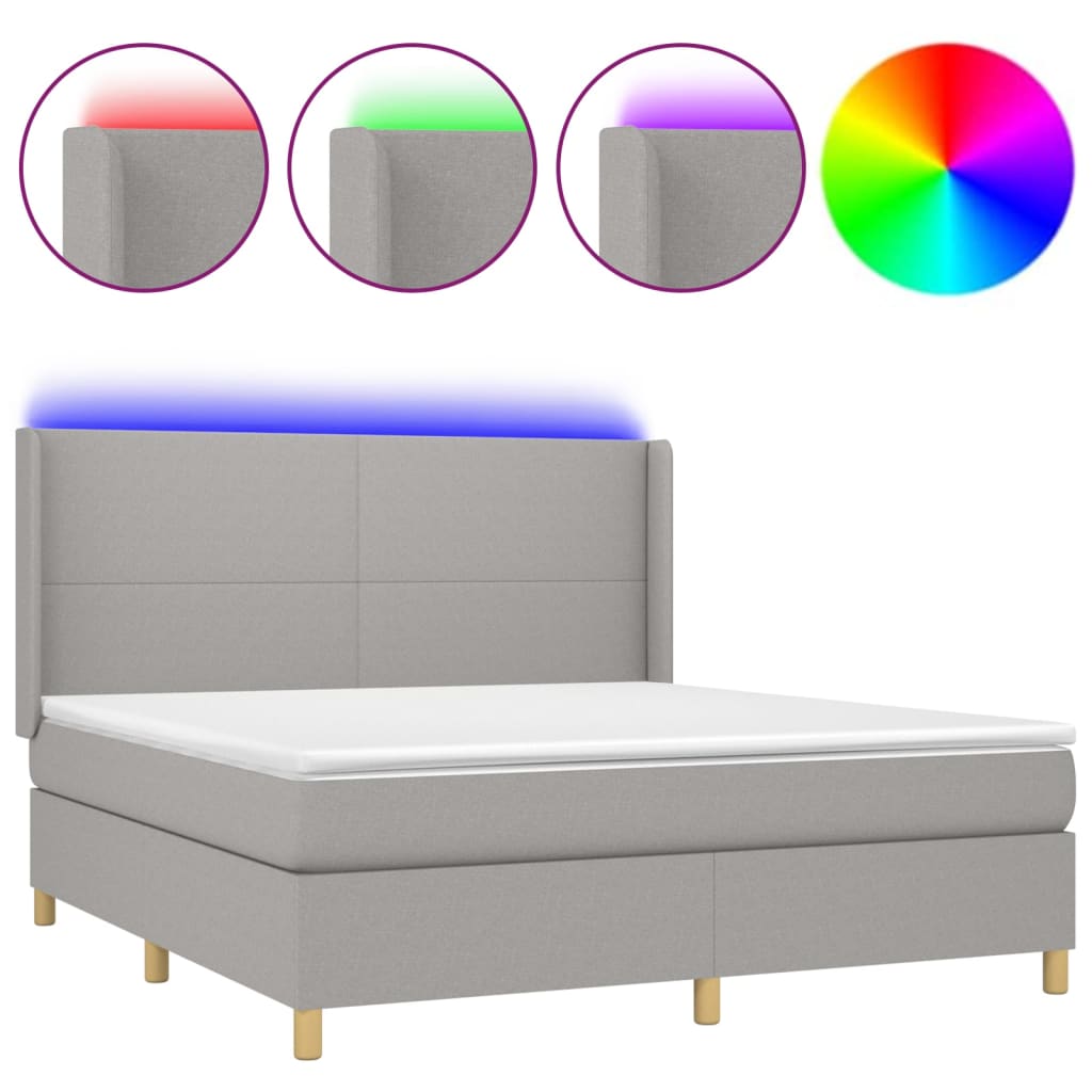 vidaXL Κρεβάτι Boxspring με Στρώμα & LED Αν.Γκρι 180x200εκ. Υφασμάτινο