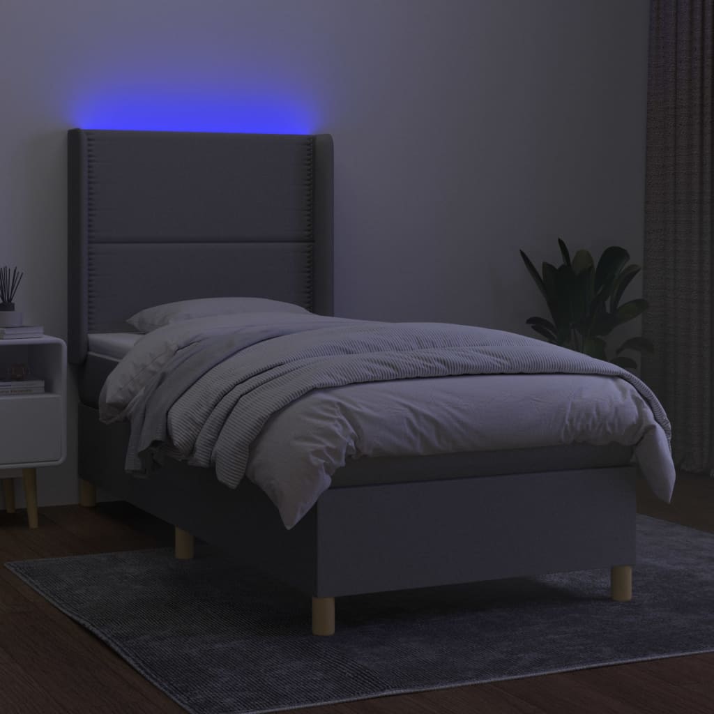 vidaXL Κρεβάτι Boxspring με Στρώμα & LED Αν.Γκρι 90x200 εκ. Υφασμάτινο