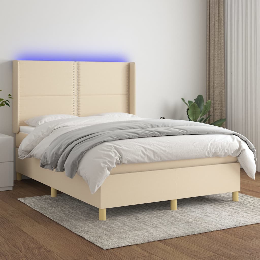 vidaXL Κρεβάτι Boxspring με Στρώμα & LED Κρεμ 140x190 εκ. Υφασμάτινο