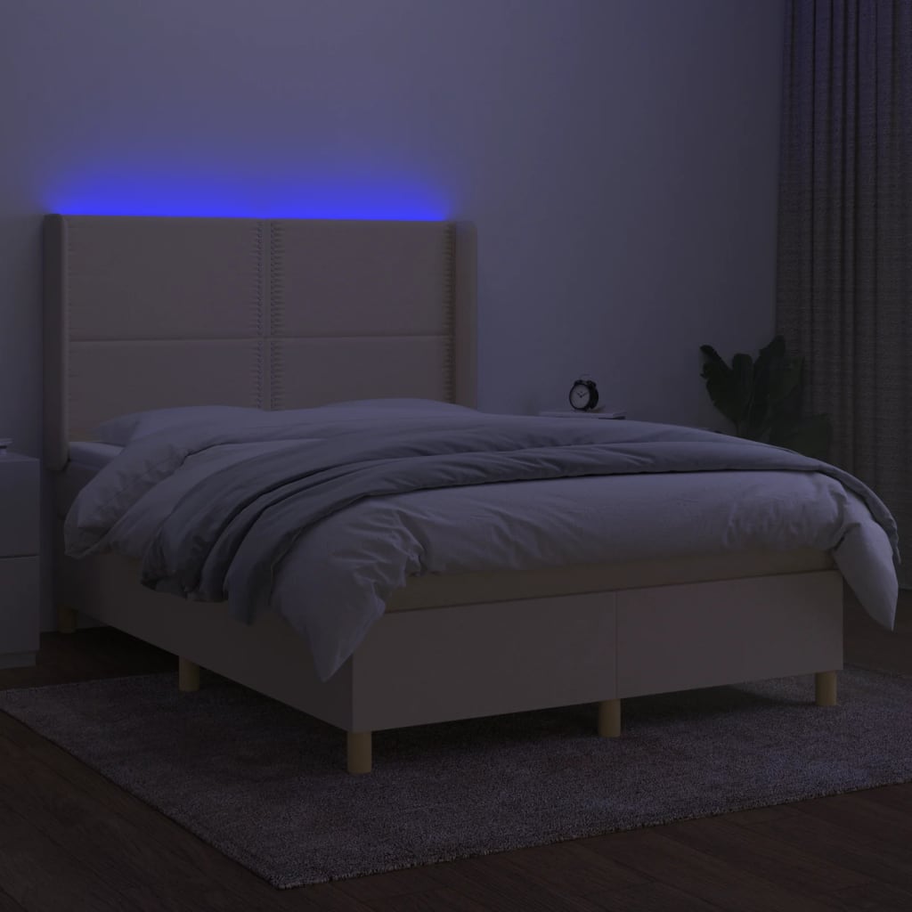 vidaXL Κρεβάτι Boxspring με Στρώμα & LED Κρεμ 140x200 εκ. Υφασμάτινο