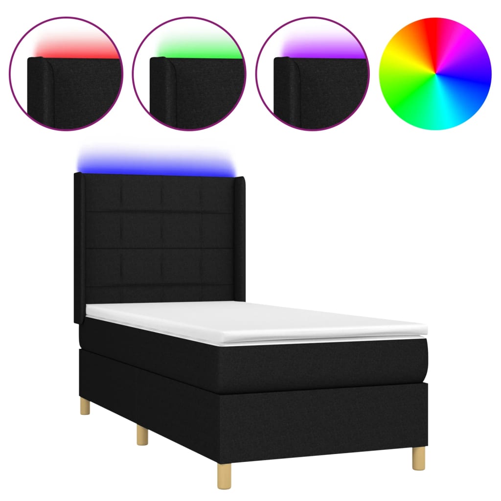 vidaXL Κρεβάτι Boxspring με Στρώμα & LED Μαύρο 90x200 εκ. Υφασμάτινο