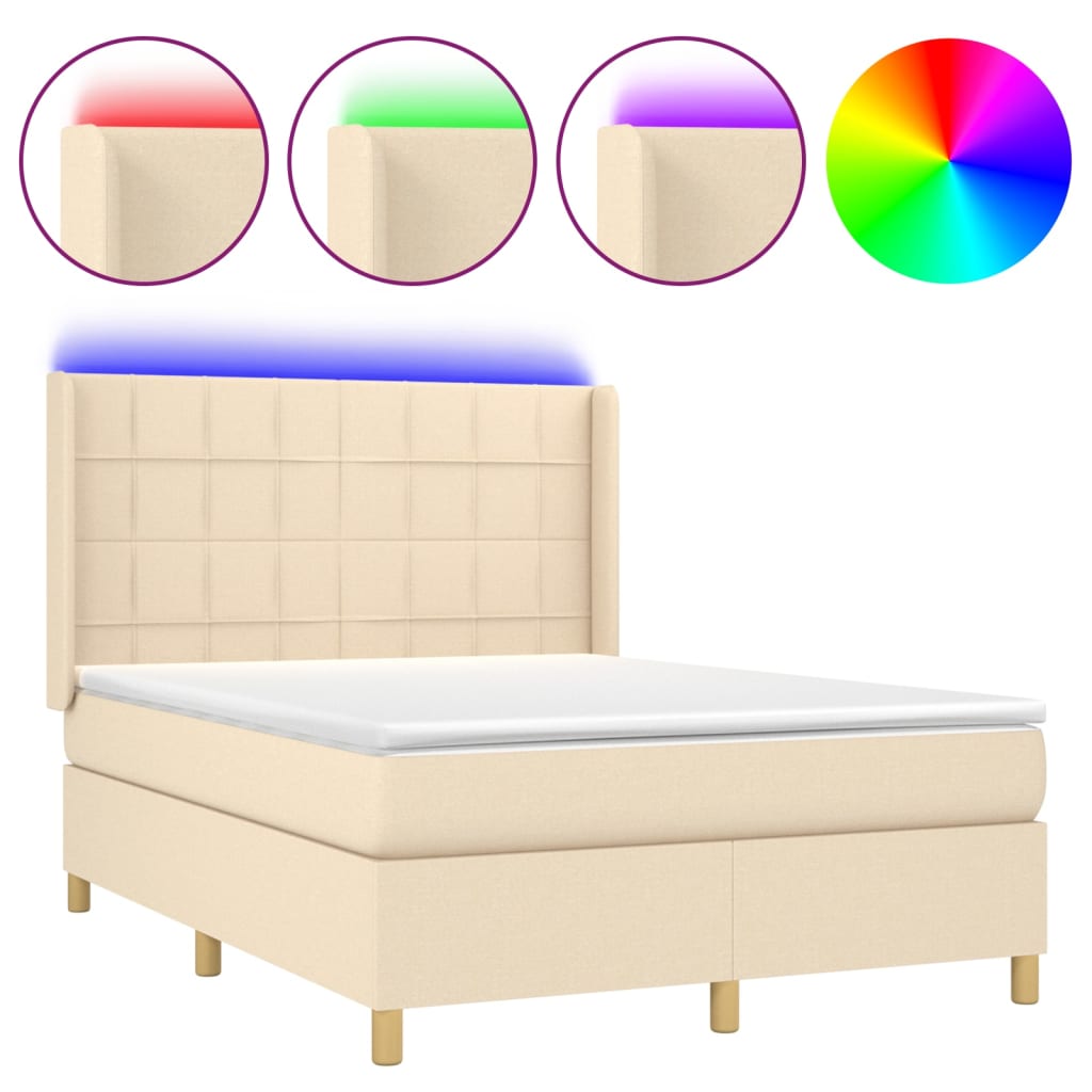 vidaXL Κρεβάτι Boxspring με Στρώμα & LED Κρεμ 140x200 εκ. Υφασμάτινο