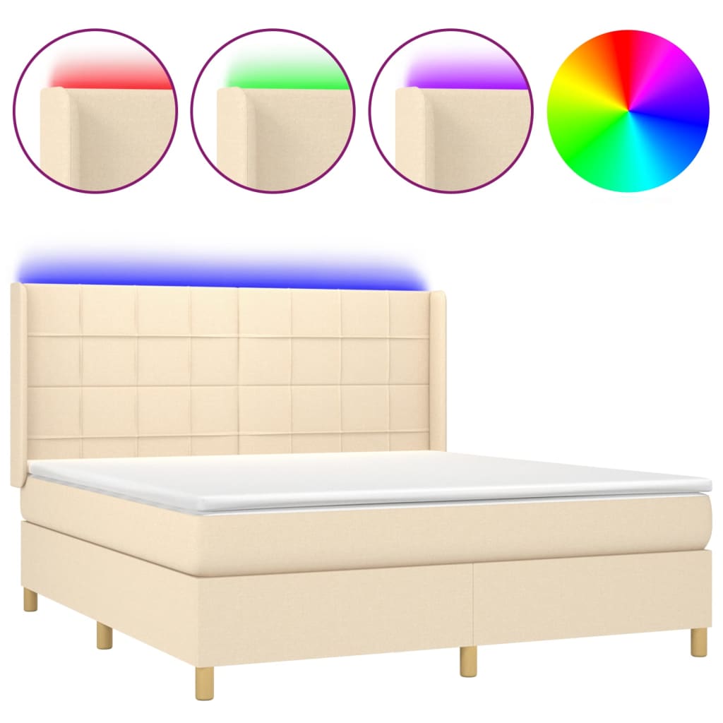 vidaXL Κρεβάτι Boxspring με Στρώμα & LED Κρεμ 180x200 εκ. Υφασμάτινο