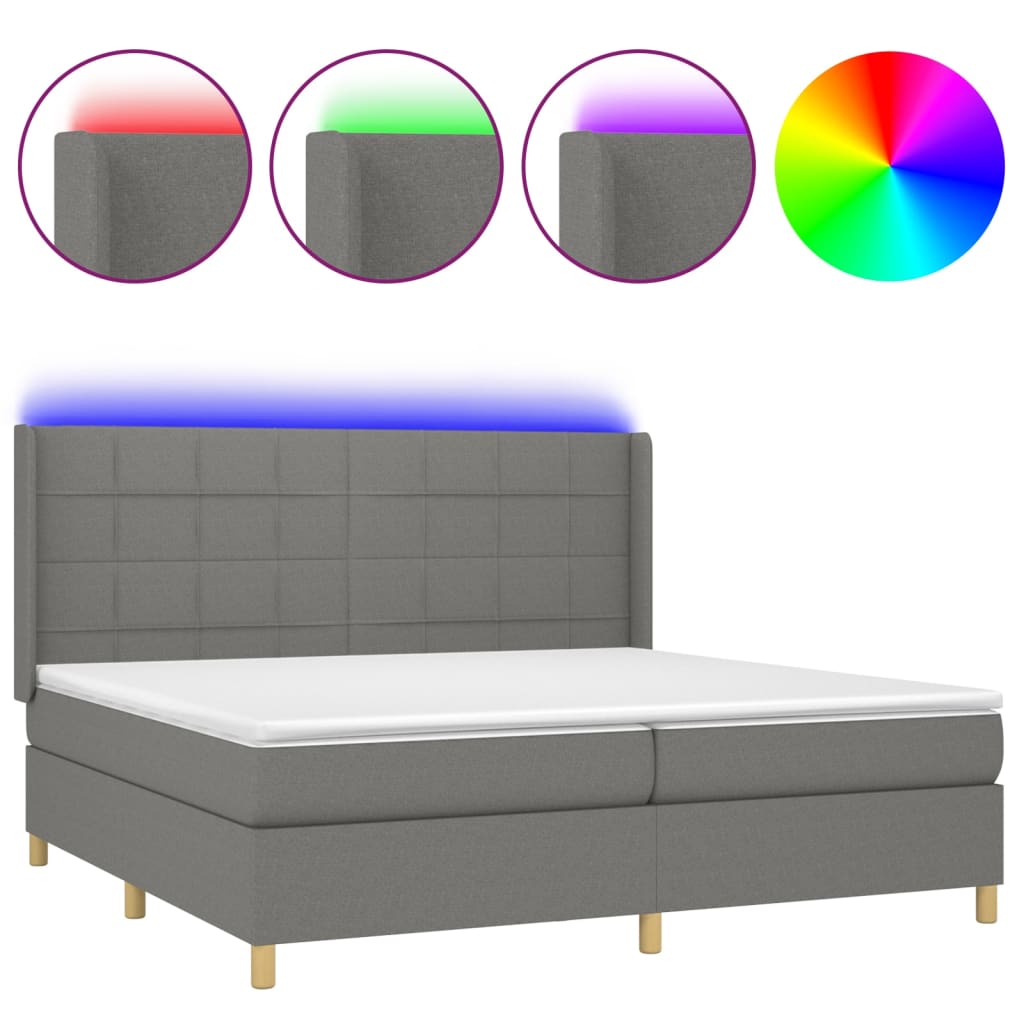 vidaXL Κρεβάτι Boxspring με Στρώμα & LED Σκ.Γκρι 200x200εκ. Υφασμάτινο