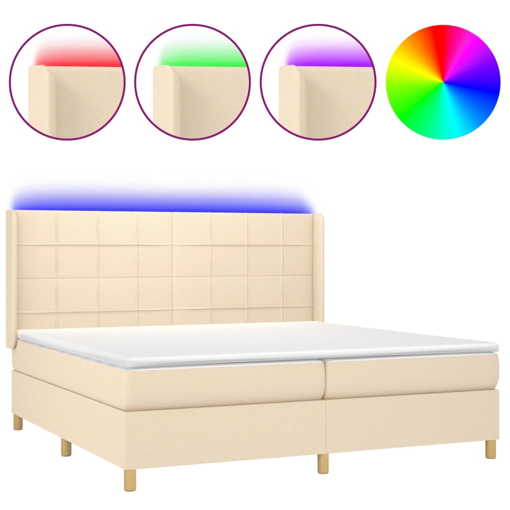 vidaXL Κρεβάτι Boxspring με Στρώμα & LED Κρεμ 200x200 εκ. Υφασμάτινο