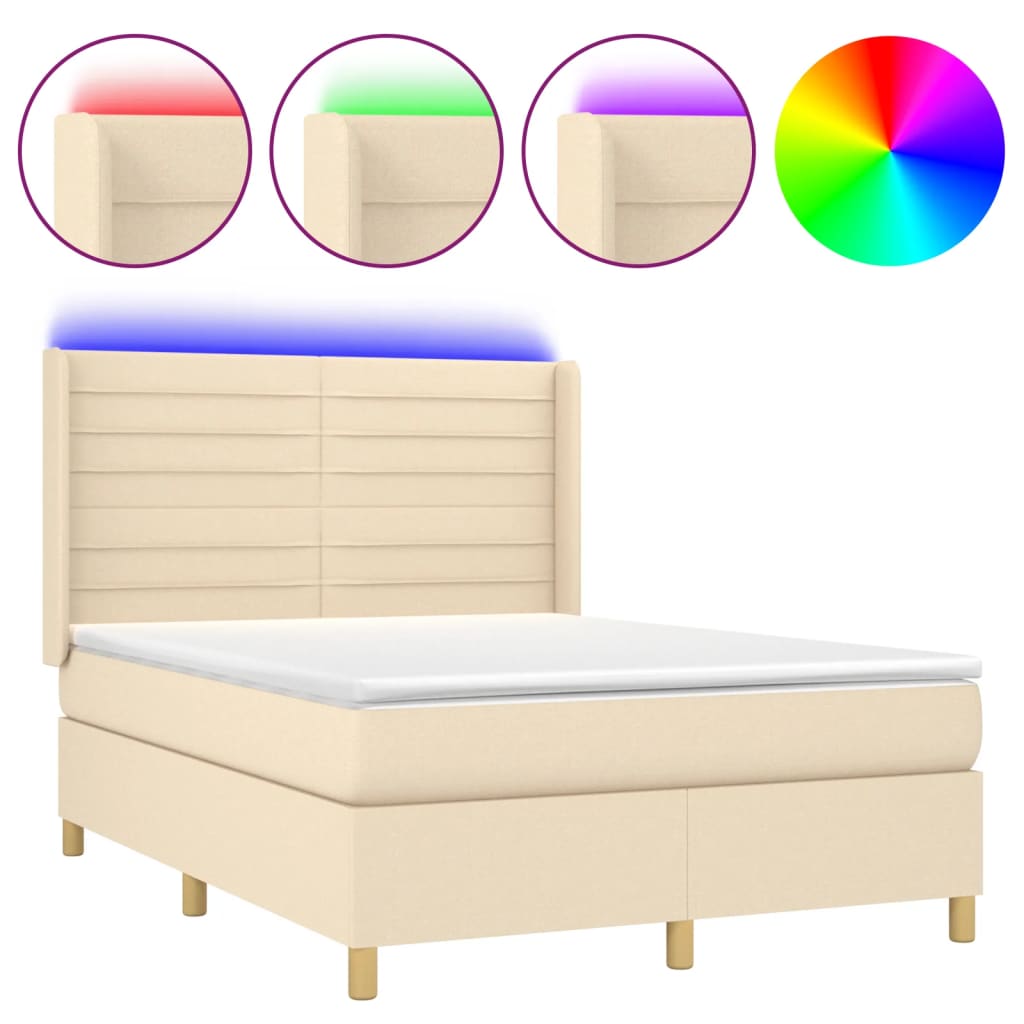vidaXL Κρεβάτι Boxspring με Στρώμα & LED Κρεμ 140x200 εκ. Υφασμάτινο