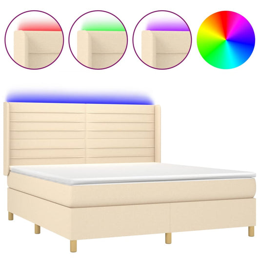 vidaXL Κρεβάτι Boxspring με Στρώμα & LED Κρεμ 180x200 εκ. Υφασμάτινο