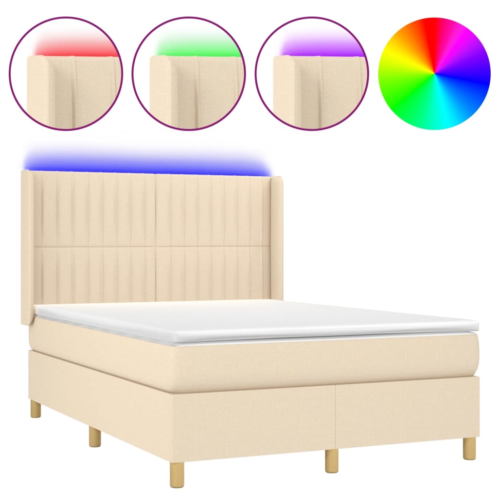 vidaXL Κρεβάτι Boxspring με Στρώμα & LED Κρεμ 140x200 εκ. Υφασμάτινο