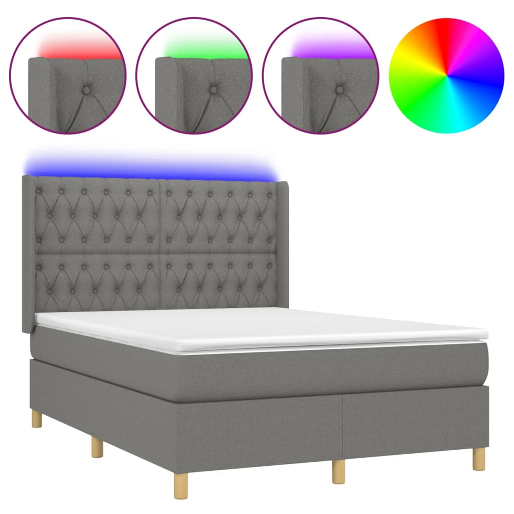 vidaXL Κρεβάτι Boxspring με Στρώμα & LED Σκ.Γκρι 140x190εκ. Υφασμάτινο