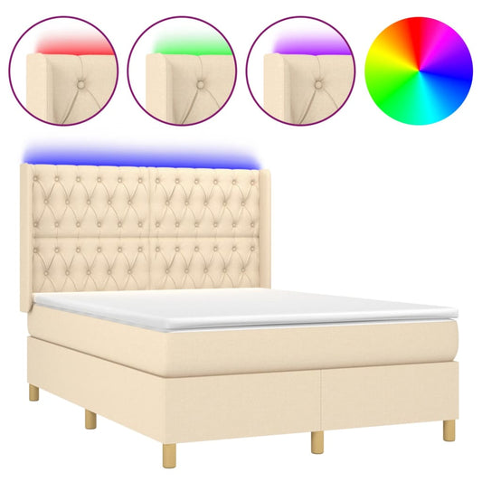 vidaXL Κρεβάτι Boxspring με Στρώμα & LED Κρεμ 140x190 εκ. Υφασμάτινο