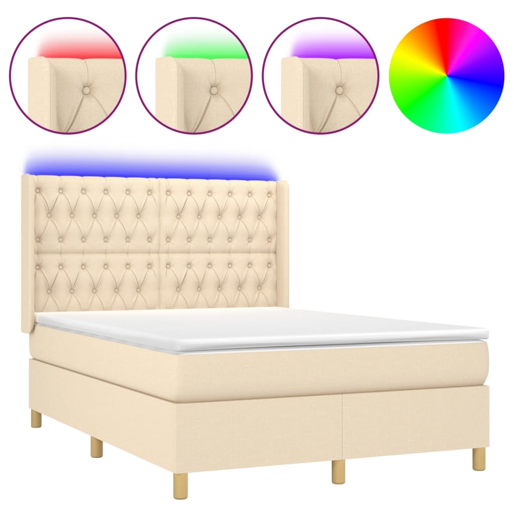 vidaXL Κρεβάτι Boxspring με Στρώμα & LED Κρεμ 140x200 εκ. Υφασμάτινο