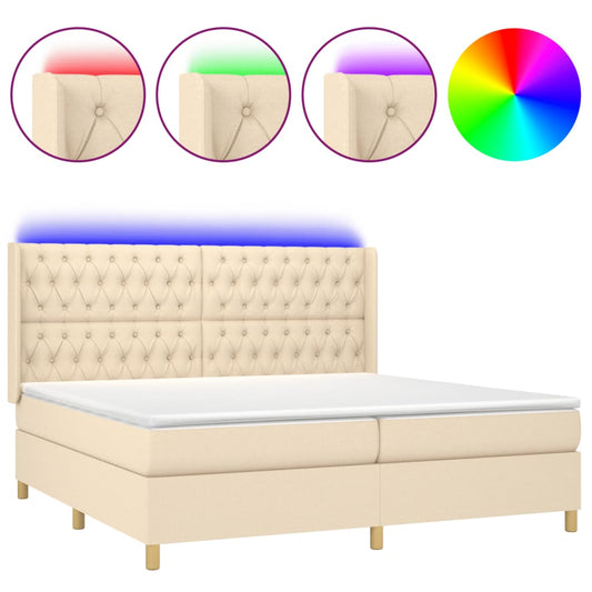 vidaXL Κρεβάτι Boxspring με Στρώμα & LED Κρεμ 200x200 εκ. Υφασμάτινο